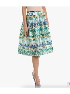 Frances Valentine Printed Pleated Midi Skirt in Teal, Blue & Cream